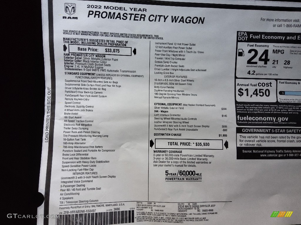 2022 Ram ProMaster City Wagon Window Sticker Photos