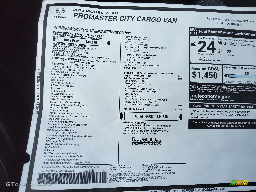 2022 Ram ProMaster City Tradesman Cargo Van Window Sticker Photos