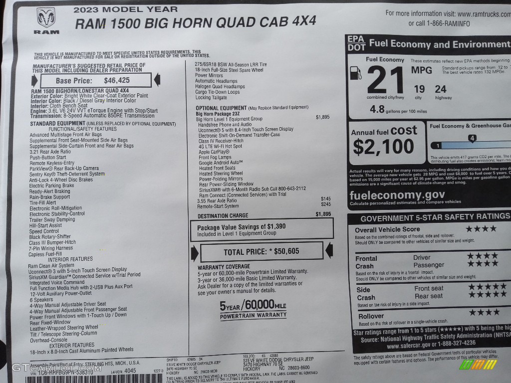 2023 Ram 1500 Big Horn Quad Cab 4x4 Window Sticker Photo #145463203