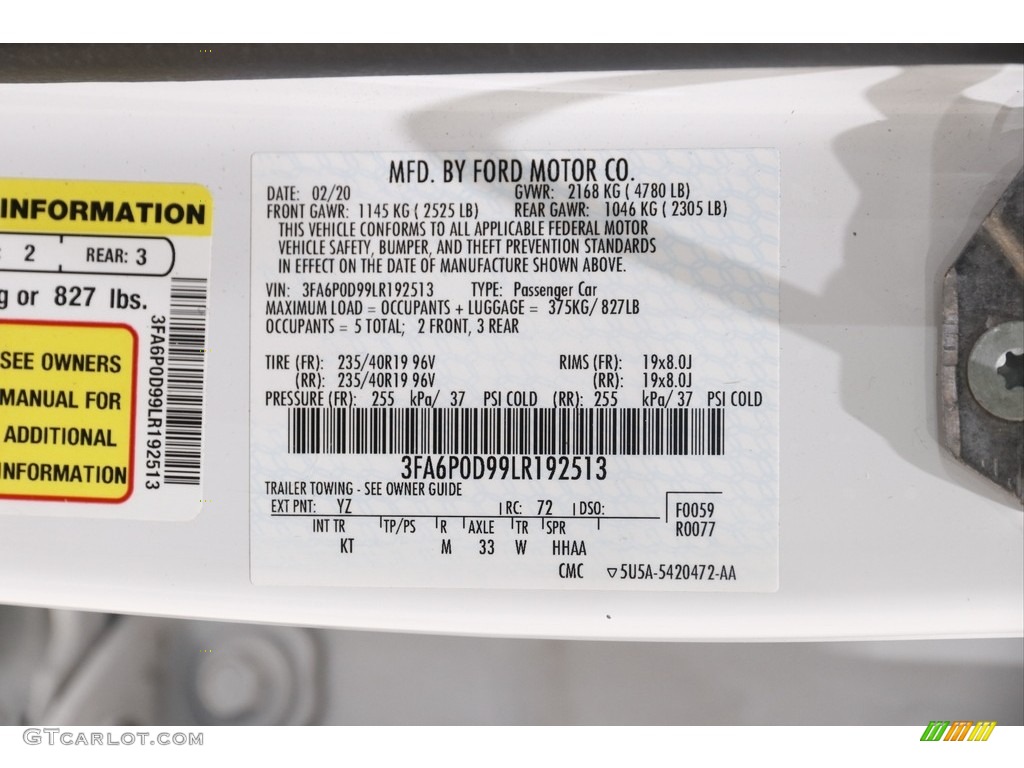 2020 Fusion Color Code YZ for Oxford White Photo #145486329