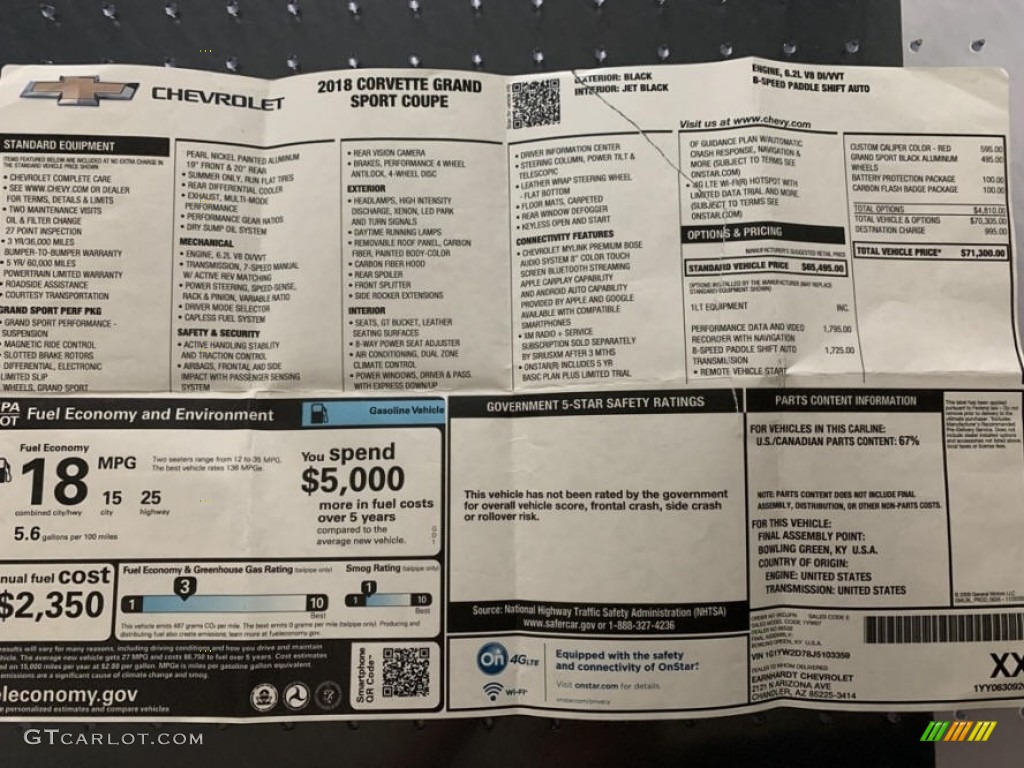 2018 Chevrolet Corvette Grand Sport Coupe Window Sticker Photo #145494825