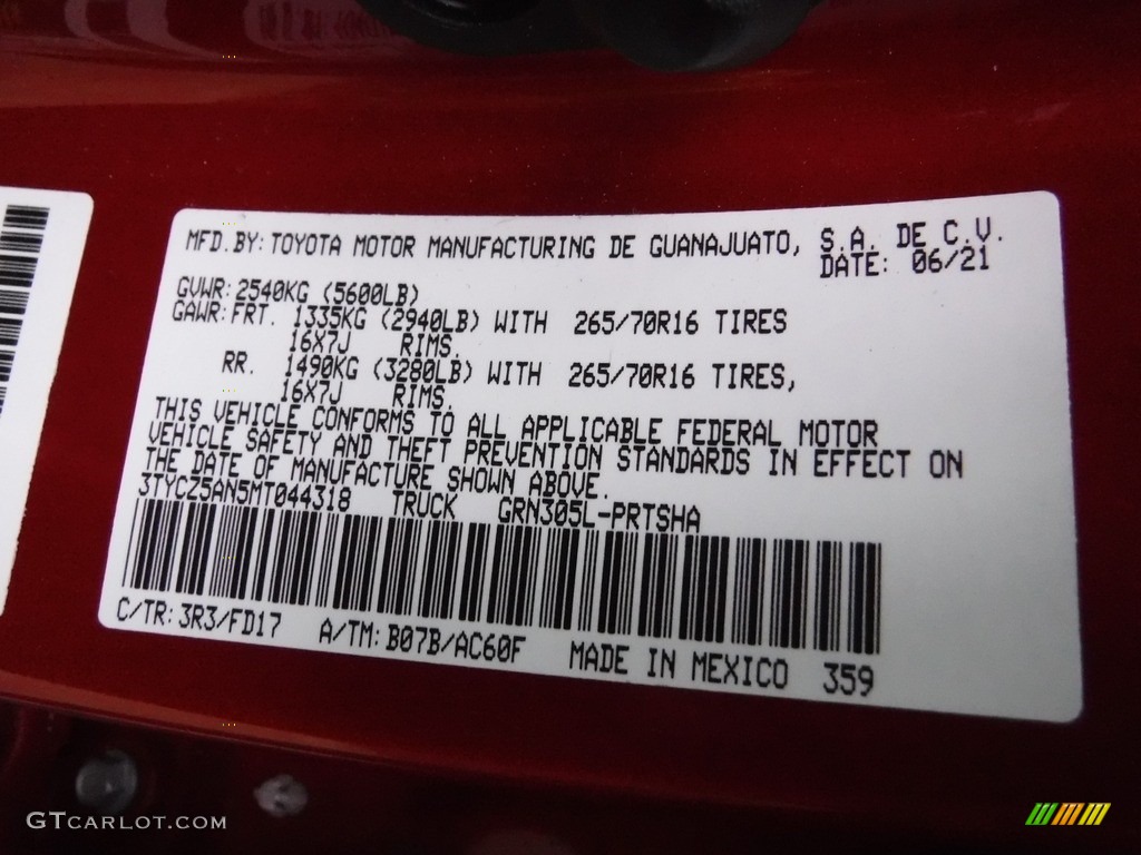 2021 Toyota Tacoma TRD Off Road Double Cab 4x4 Color Code Photos