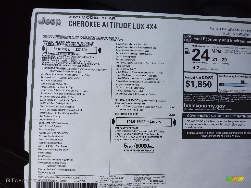 2023 Jeep Cherokee Altitude Lux 4x4 Window Sticker Photos