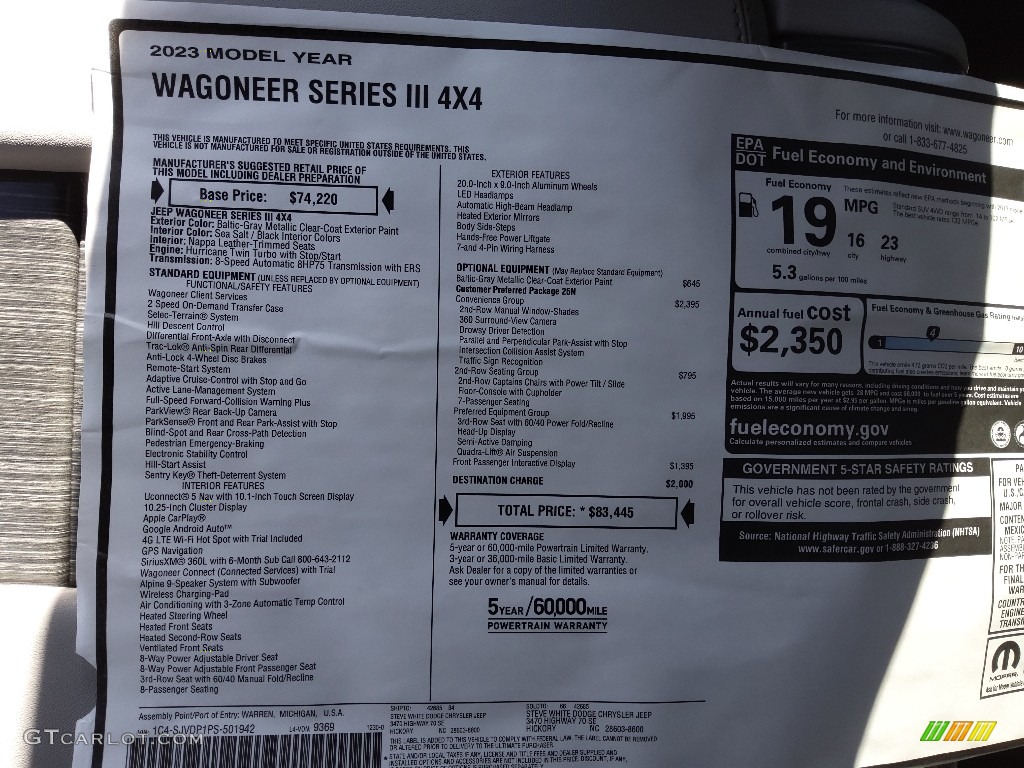 2023 Jeep Wagoneer Series III 4x4 Window Sticker Photo #145509507