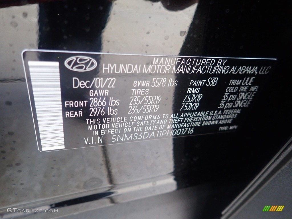 2023 Santa Fe Hybrid Color Code S3B for Twilight Black Photo #145510800