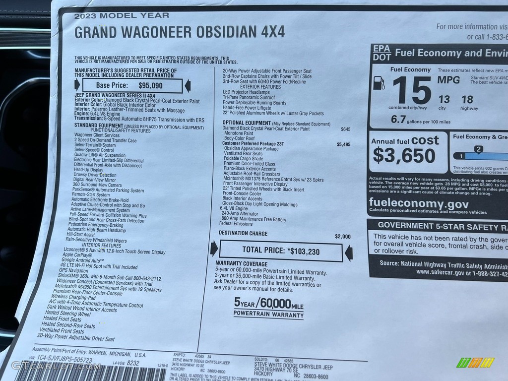 2023 Jeep Grand Wagoneer Obsidian 4x4 Window Sticker Photo #145510875