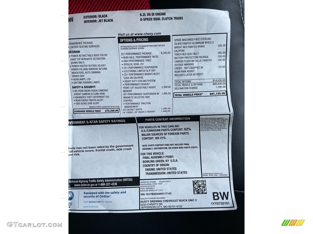 2022 Chevrolet Corvette Stingray Convertible Window Sticker Photos