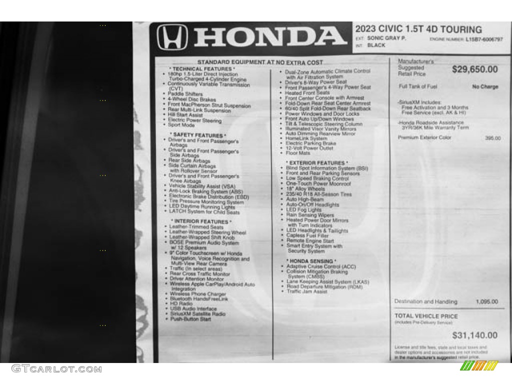 2023 Honda Civic Touring Sedan Window Sticker Photo #145513437