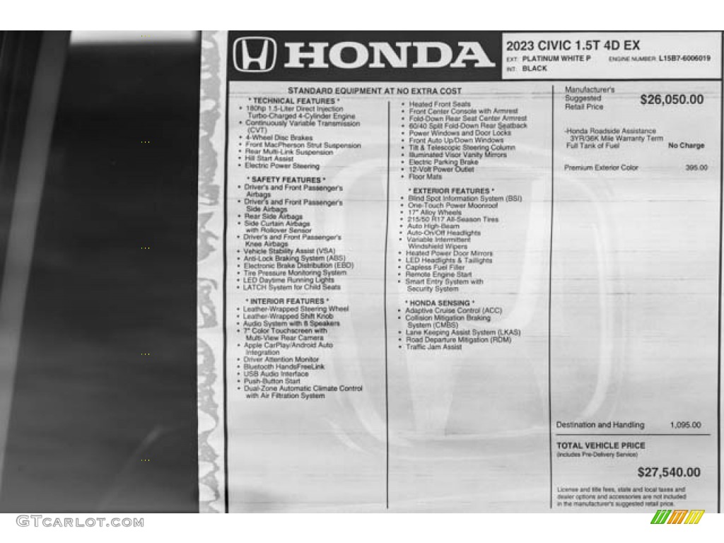 2023 Honda Civic EX Sedan Window Sticker Photo #145518571