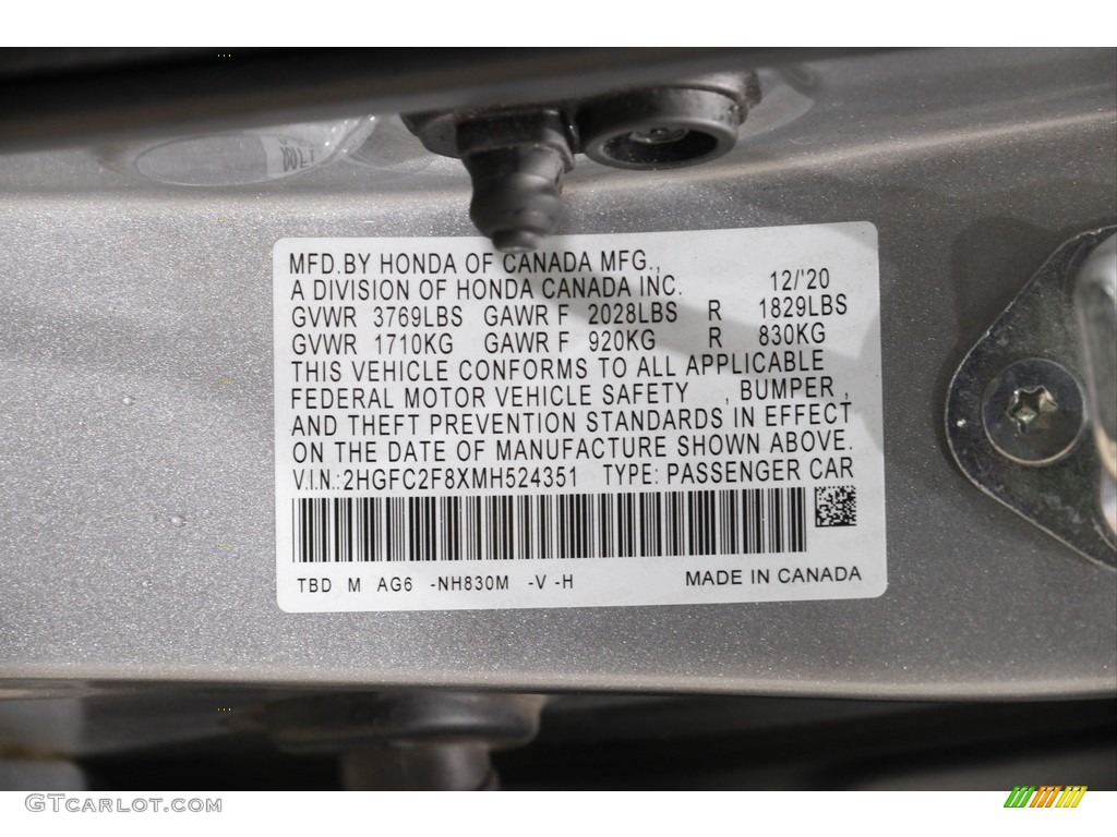 2021 Civic Color Code NH830M for Lunar Silver Metallic Photo #145524866