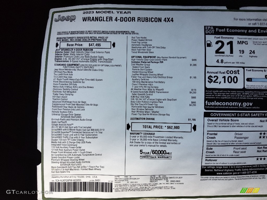 2023 Jeep Wrangler Unlimited Rubicon 4x4 Window Sticker Photo #145539538