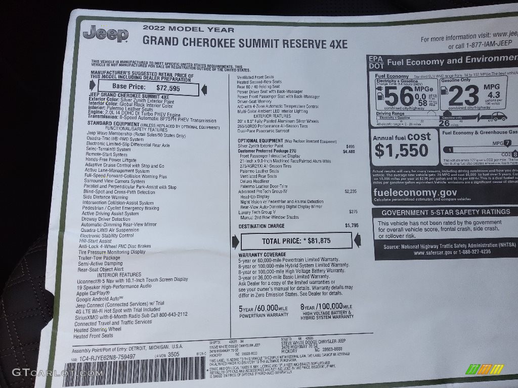 2022 Jeep Grand Cherokee Summit Reserve 4XE Hybrid Window Sticker Photo #145541848