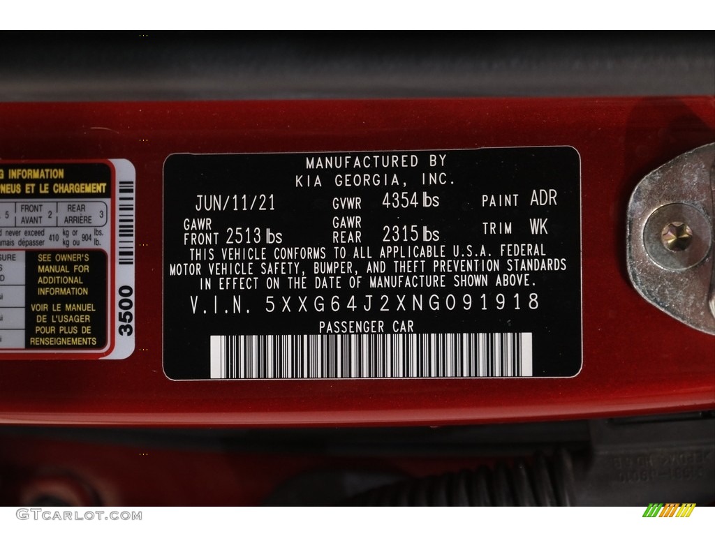 2022 K5 Color Code ADR for Passion Red Tint Coat Photo #145547821