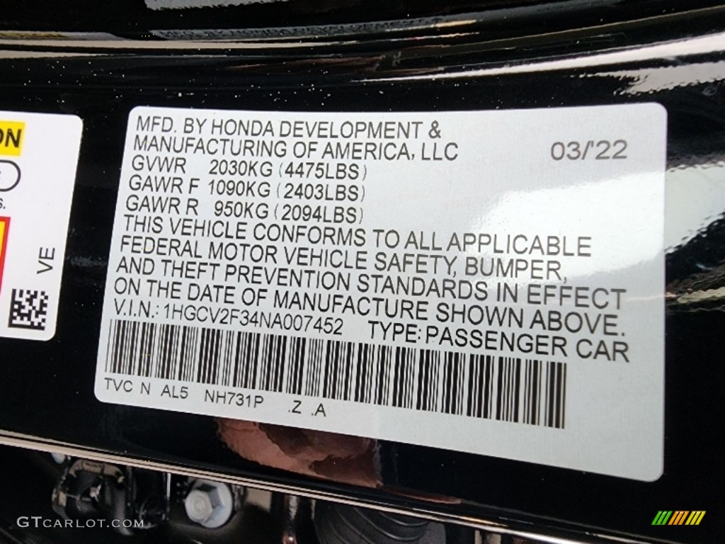 2022 Accord Color Code NH731P for Crystal Black Pearl Photo #145548271