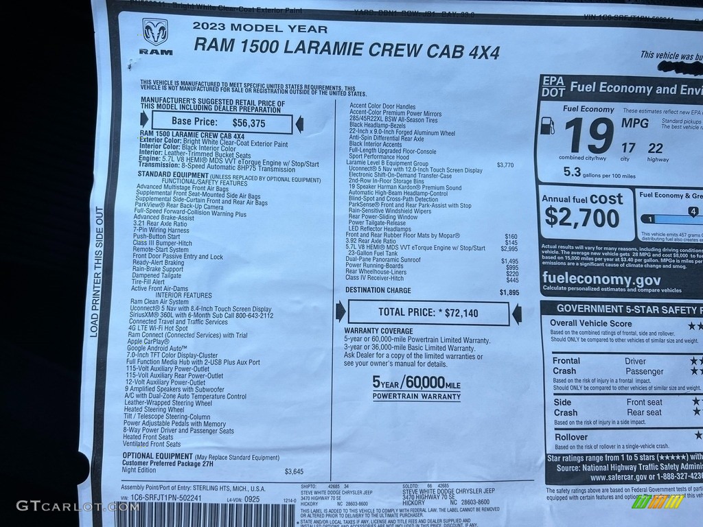 2023 Ram 1500 Laramie Night Edition Crew Cab 4x4 Window Sticker Photo #145553534