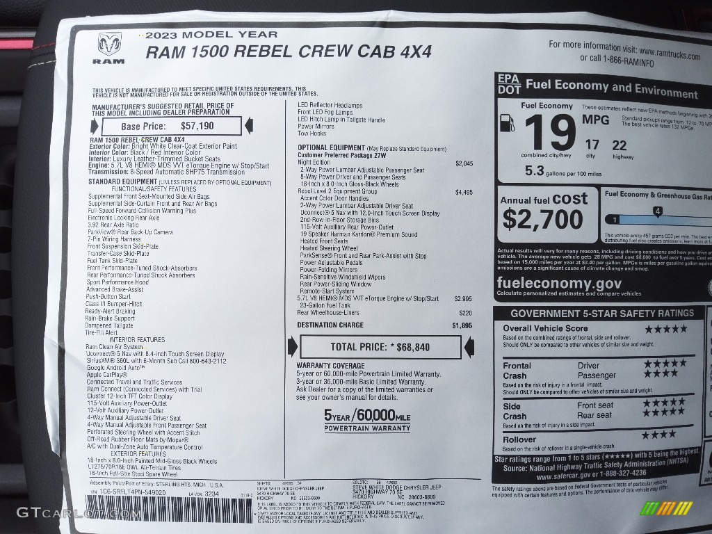 2023 Ram 1500 Rebel Crew Cab 4x4 Window Sticker Photo #145560932