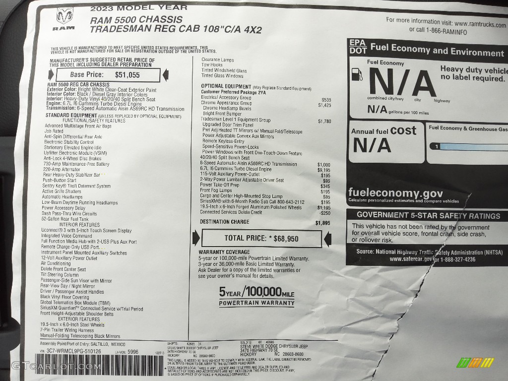 2023 Ram 5500 Tradesman Regular Cab Chassis Window Sticker Photo #145561892