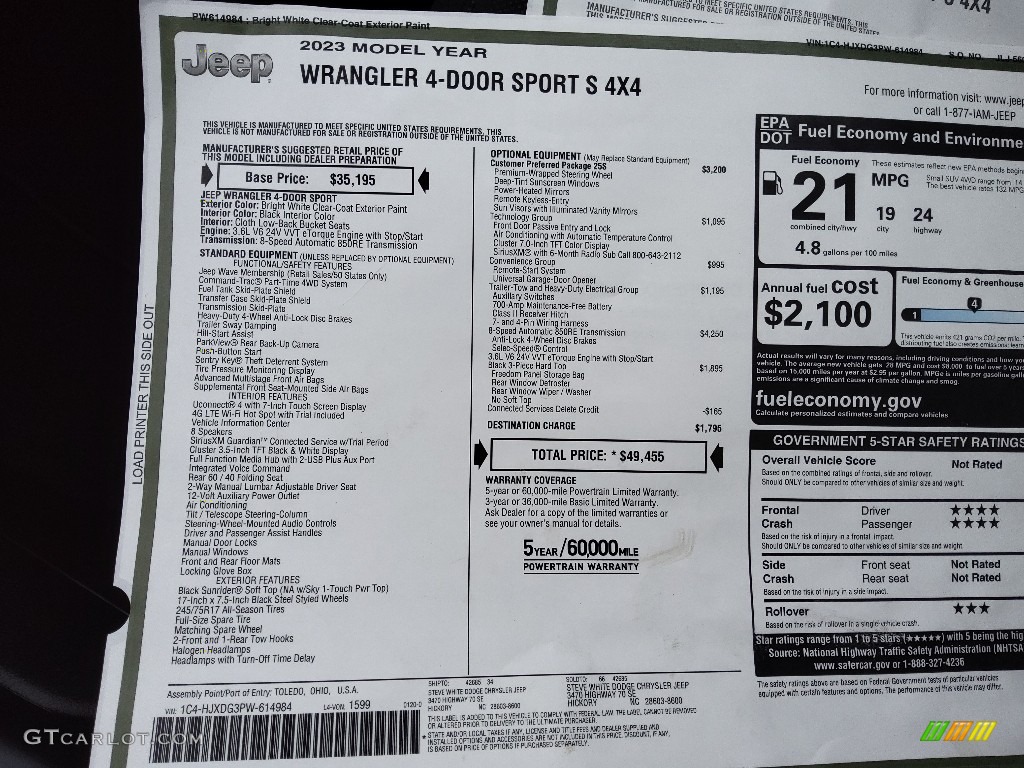 2023 Jeep Wrangler Unlimited Sport 4x4 Window Sticker Photo #145572417
