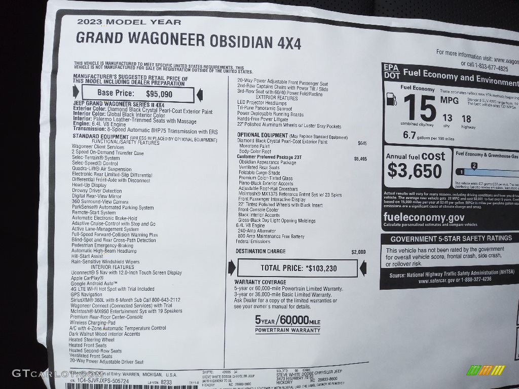 2023 Jeep Grand Wagoneer Obsidian 4x4 Window Sticker Photo #145573080