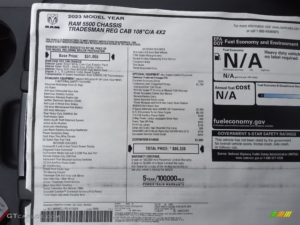 2023 Ram 5500 Tradesman Regular Cab Chassis Window Sticker Photo #145573338
