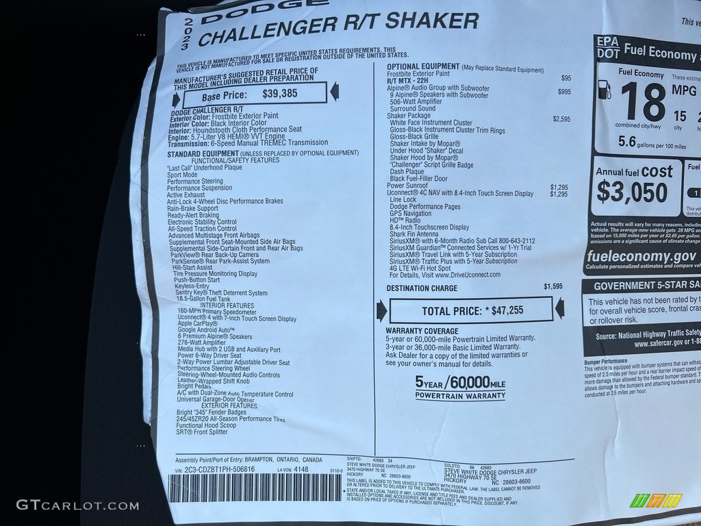 2023 Dodge Challenger R/T Shaker Window Sticker Photo #145584968
