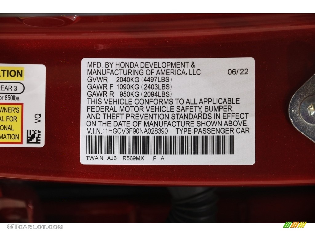 2022 Accord Color Code R569MX for Radiant Red Metallic Photo #145596018