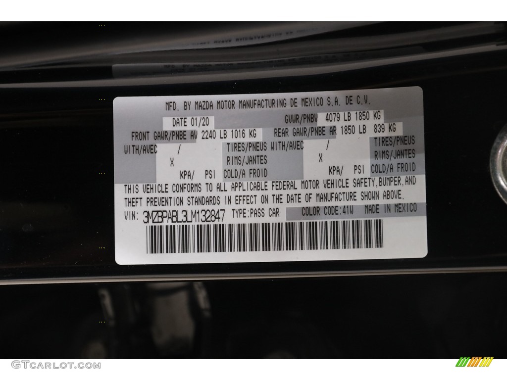 2020 MAZDA3 Color Code 41W for Jet Black Mica Photo #145606542