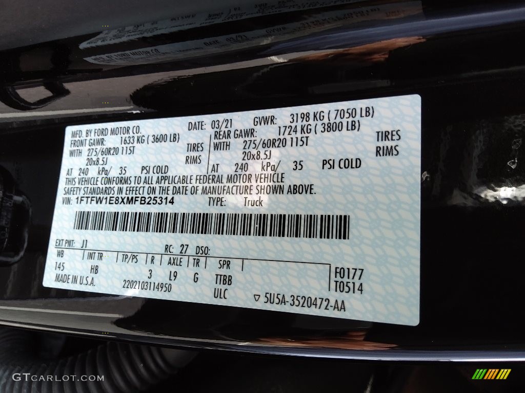 2021 Ford F150 Lariat SuperCrew 4x4 Color Code Photos