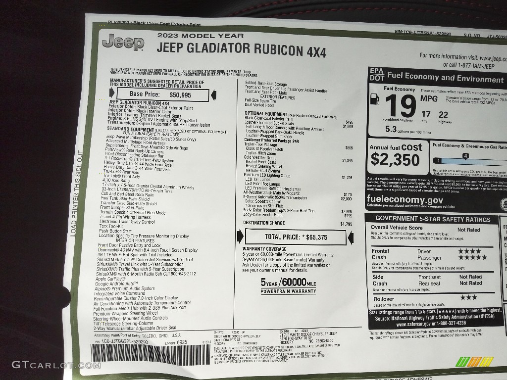 2023 Jeep Gladiator Rubicon 4x4 Window Sticker Photo #145619789