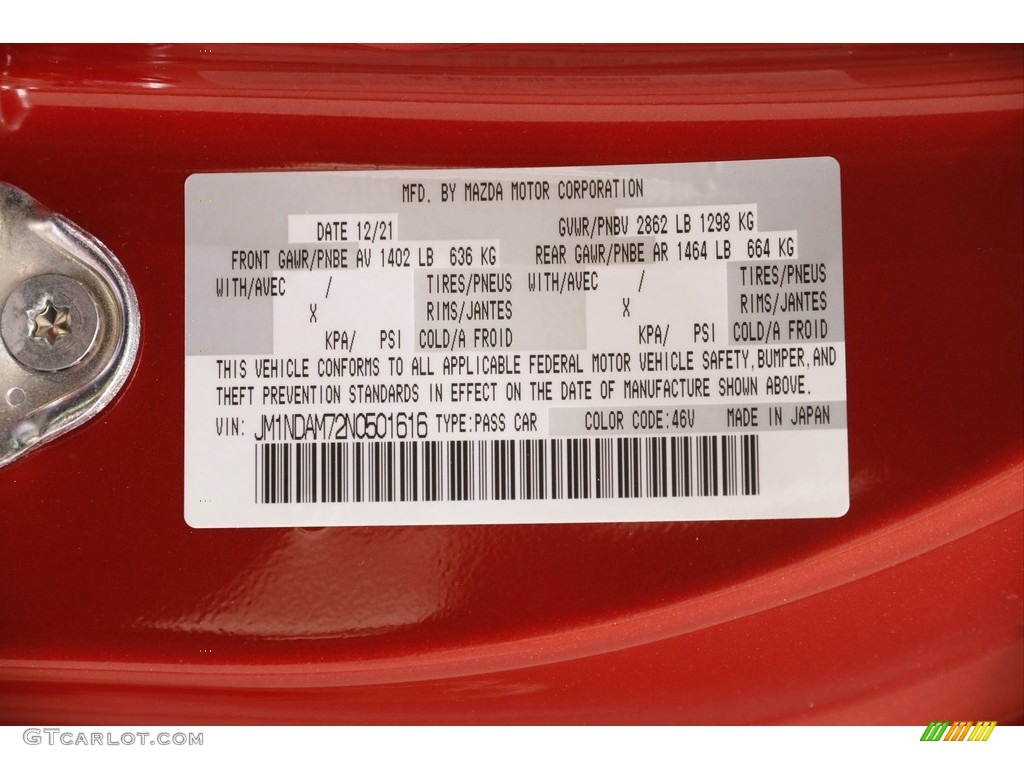 2022 MX-5 Miata RF Color Code 46V for Soul Red Crystal Metallic Photo #145623884