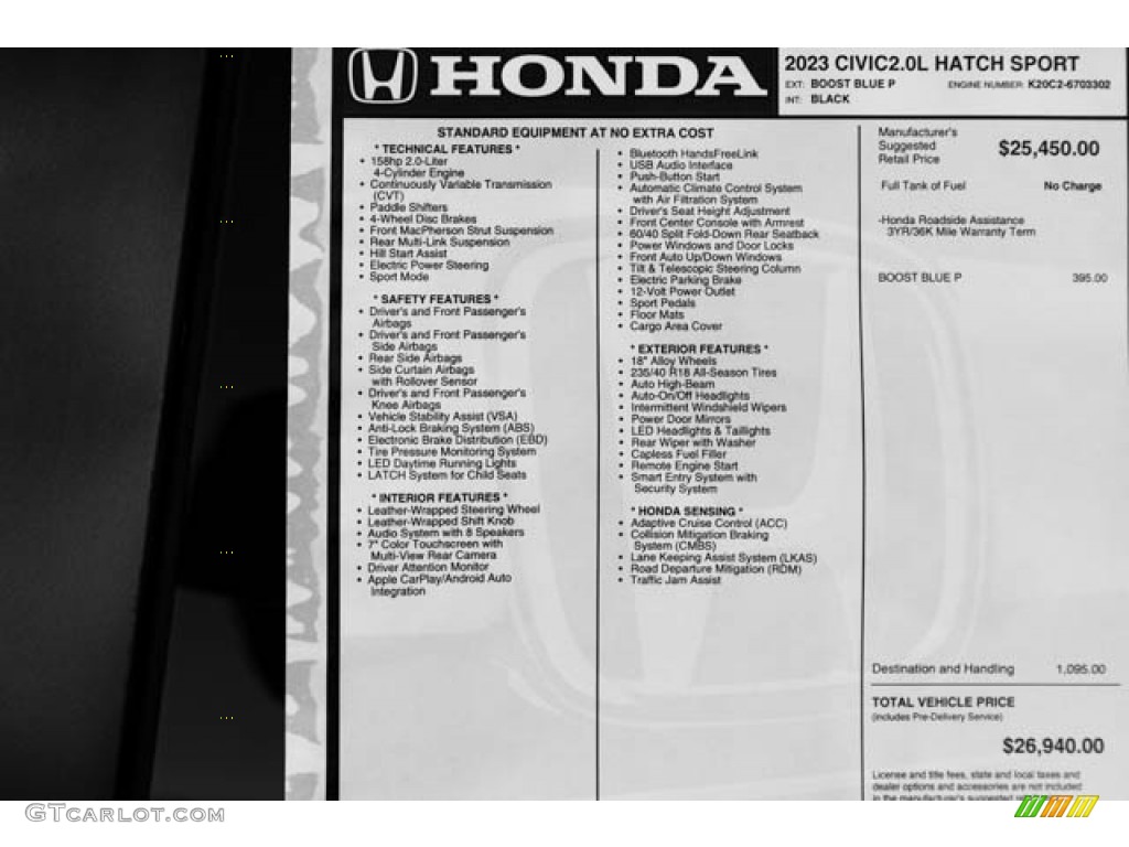 2023 Honda Civic Sport Hatchback Window Sticker Photo #145636316
