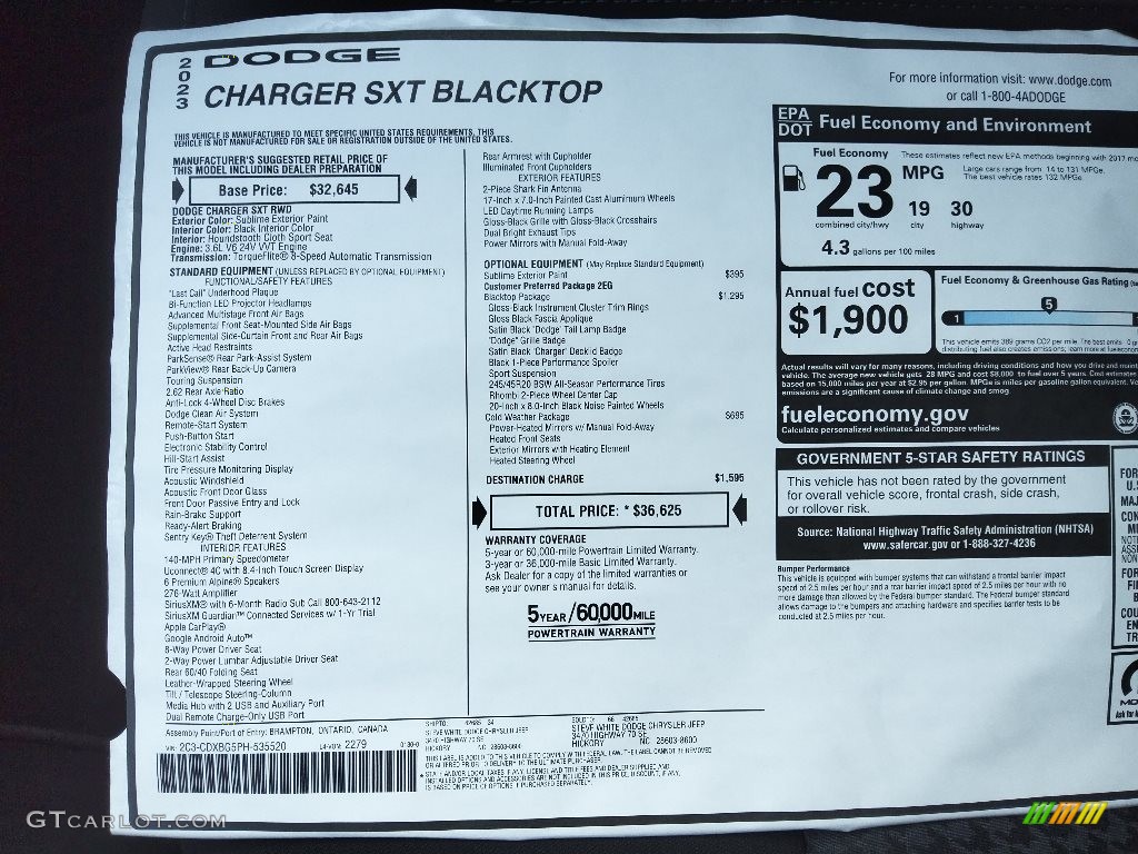 2023 Dodge Charger SXT Blacktop Window Sticker Photo #145648093