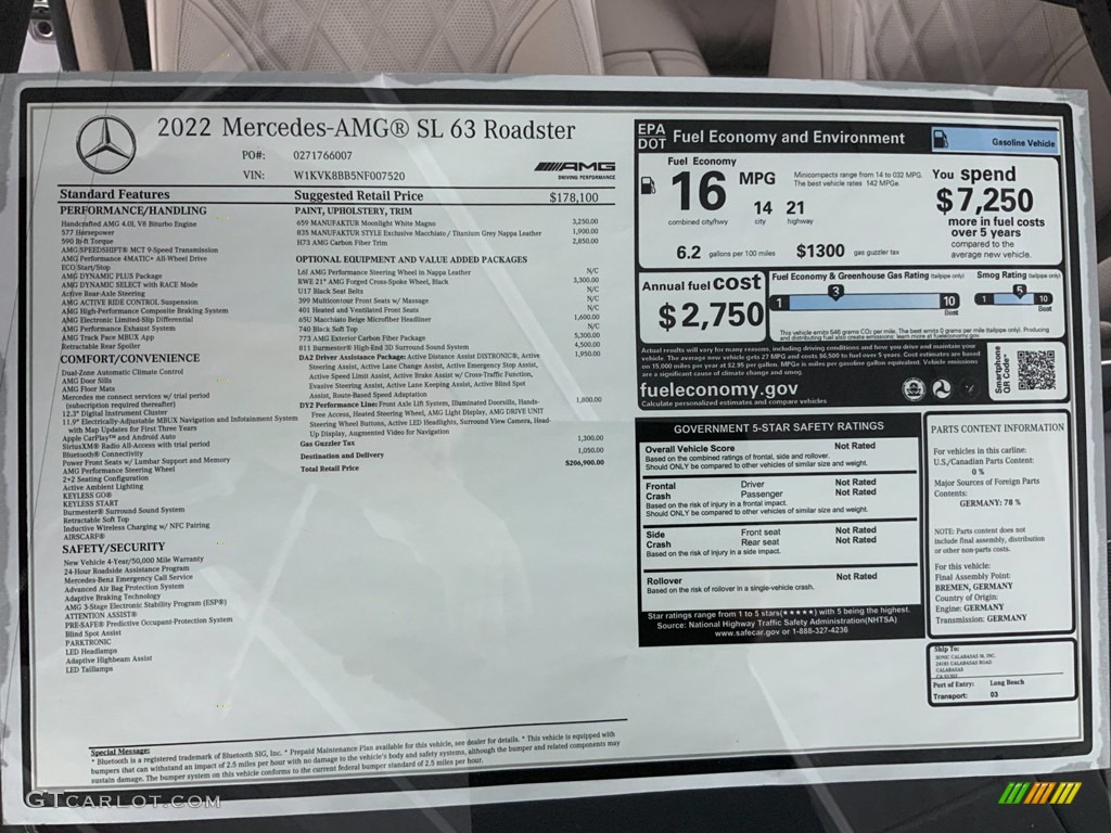 2022 Mercedes-Benz SL AMG 63 Roadster Window Sticker Photo #145653301