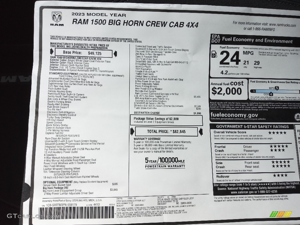 2023 Ram 1500 Big Horn Crew Cab 4x4 Window Sticker Photo #145654450