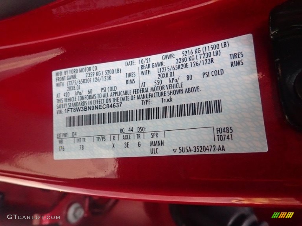 2022 F350 Super Duty Color Code D4 for Rapid Red Photo #145655449