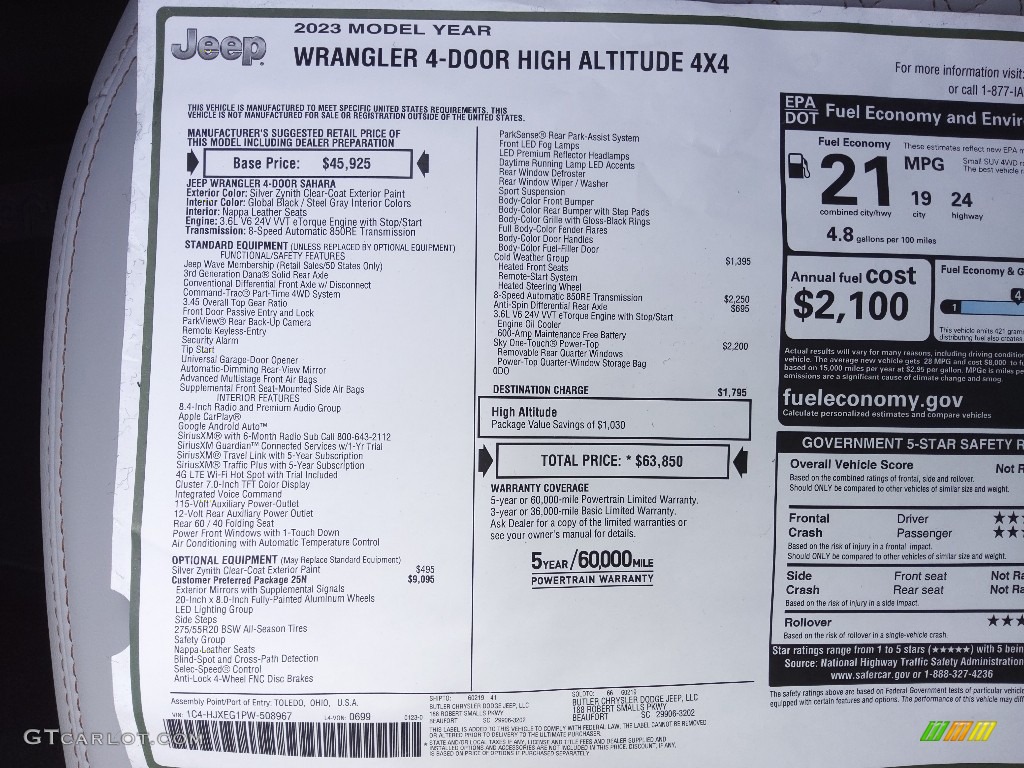 2023 Jeep Wrangler Unlimited High Altitude 4x4 Window Sticker Photo #145671214