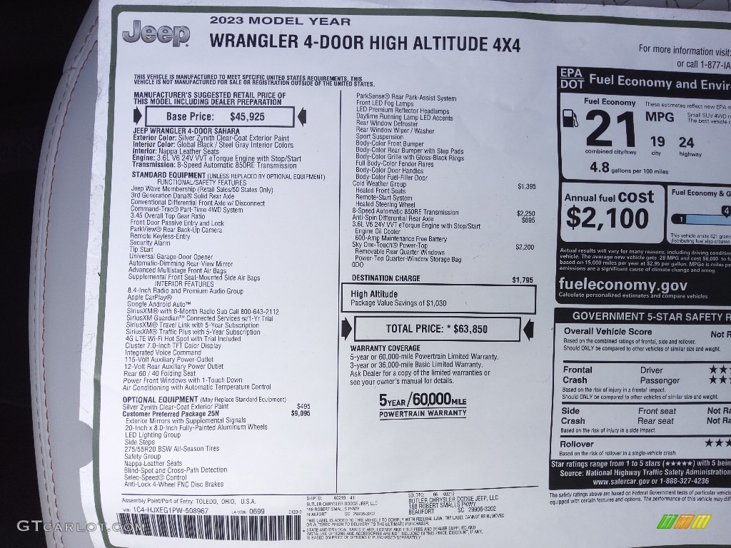 2023 Jeep Wrangler Unlimited High Altitude 4x4 Window Sticker Photos