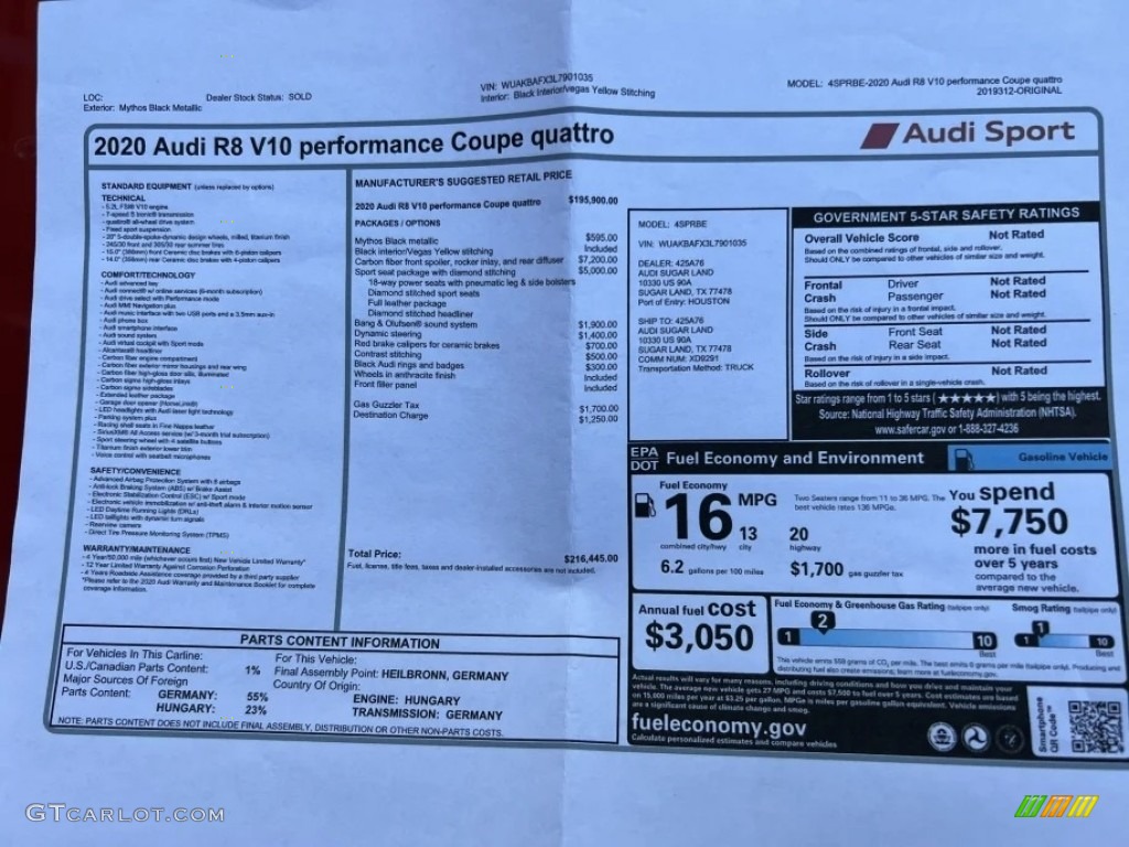 2020 R8 V10 Performance - Mythos Black Metallic / Black/Vegas Yellow Stitching photo #12