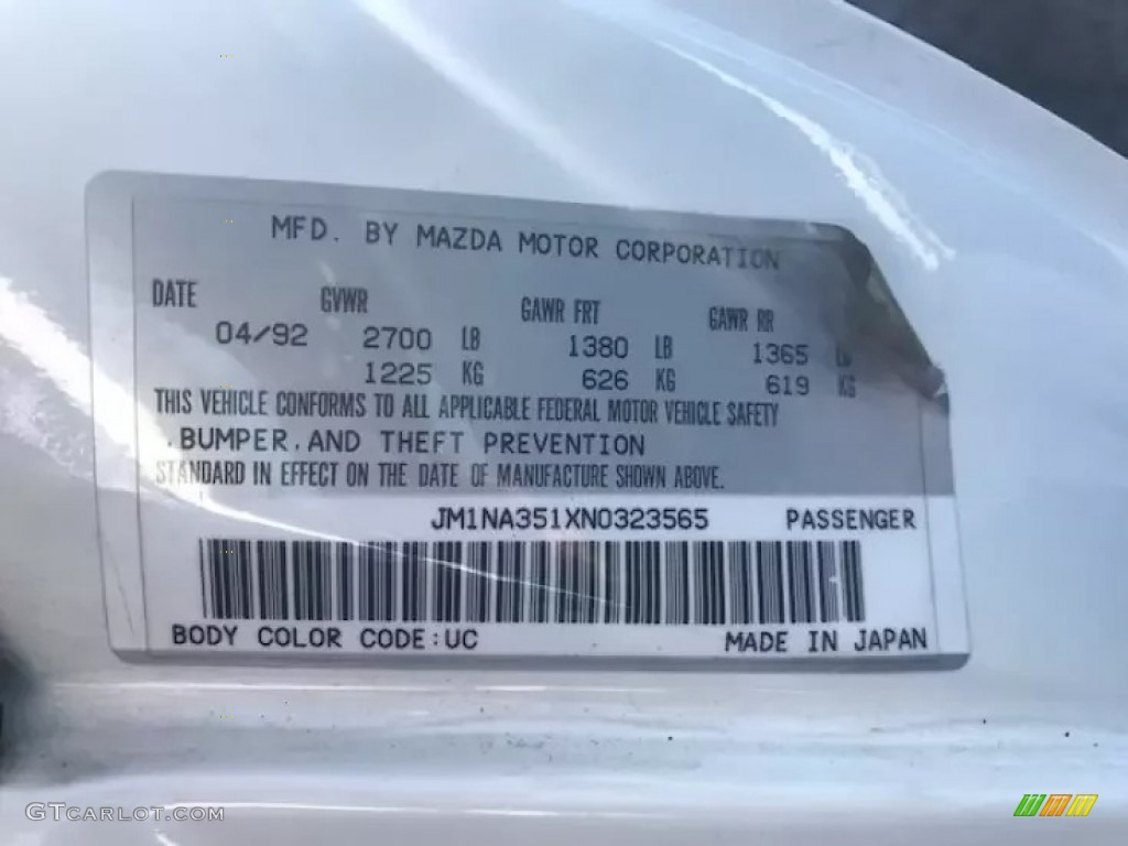 1992 Mazda MX-5 Miata Roadster Color Code Photos