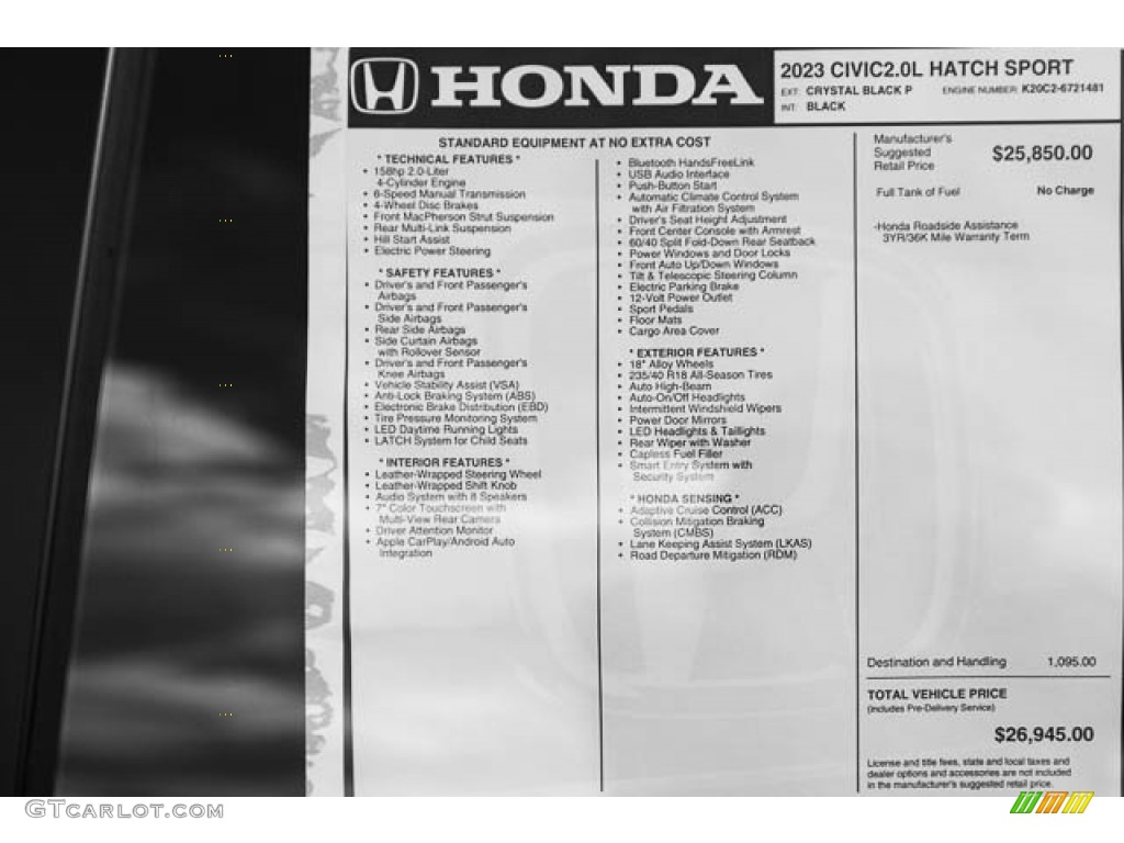 2023 Honda Civic Sport Hatchback Window Sticker Photo #145705950