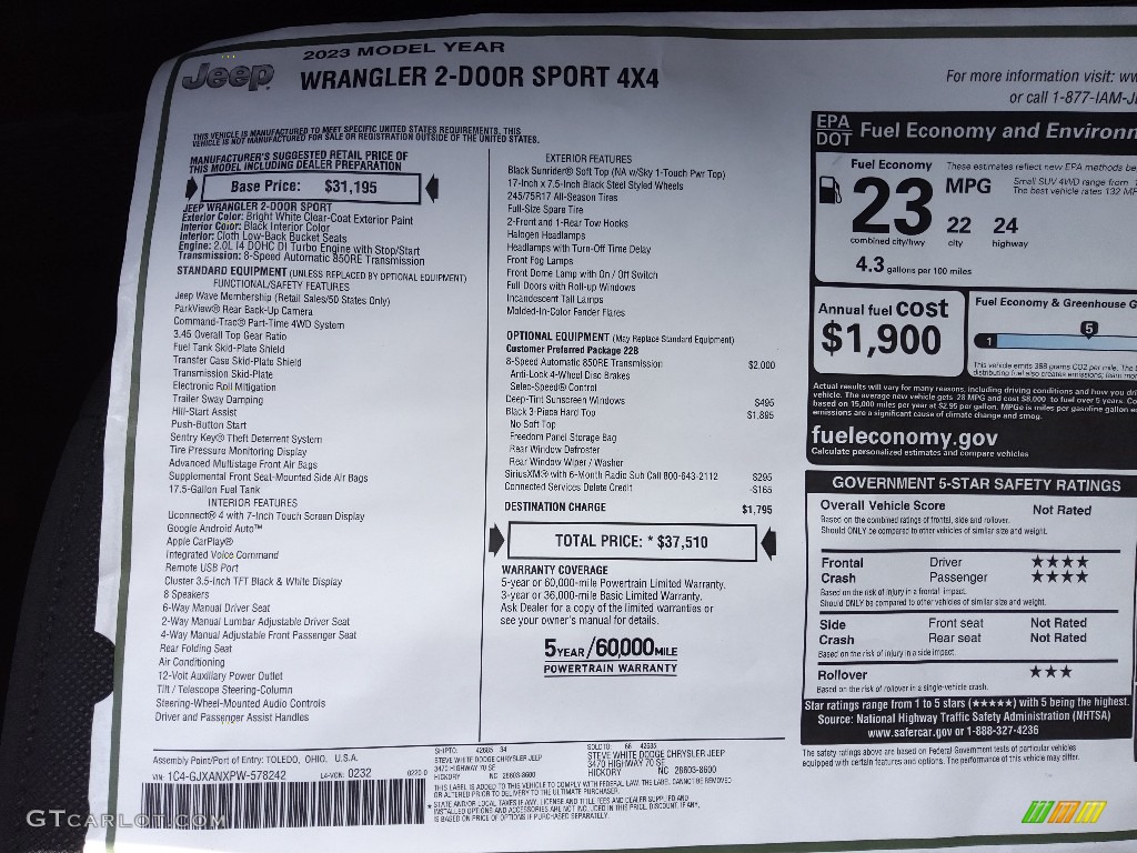 2023 Jeep Wrangler Sport 4x4 Window Sticker Photo #145715020