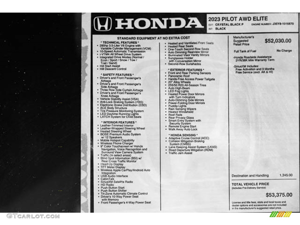 2023 Honda Pilot Elite AWD Window Sticker Photo #145715719