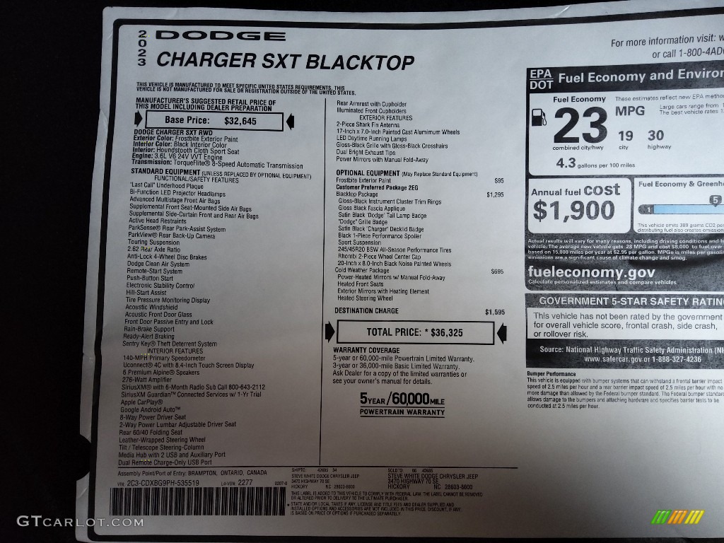2023 Dodge Charger SXT Blacktop Window Sticker Photo #145717332