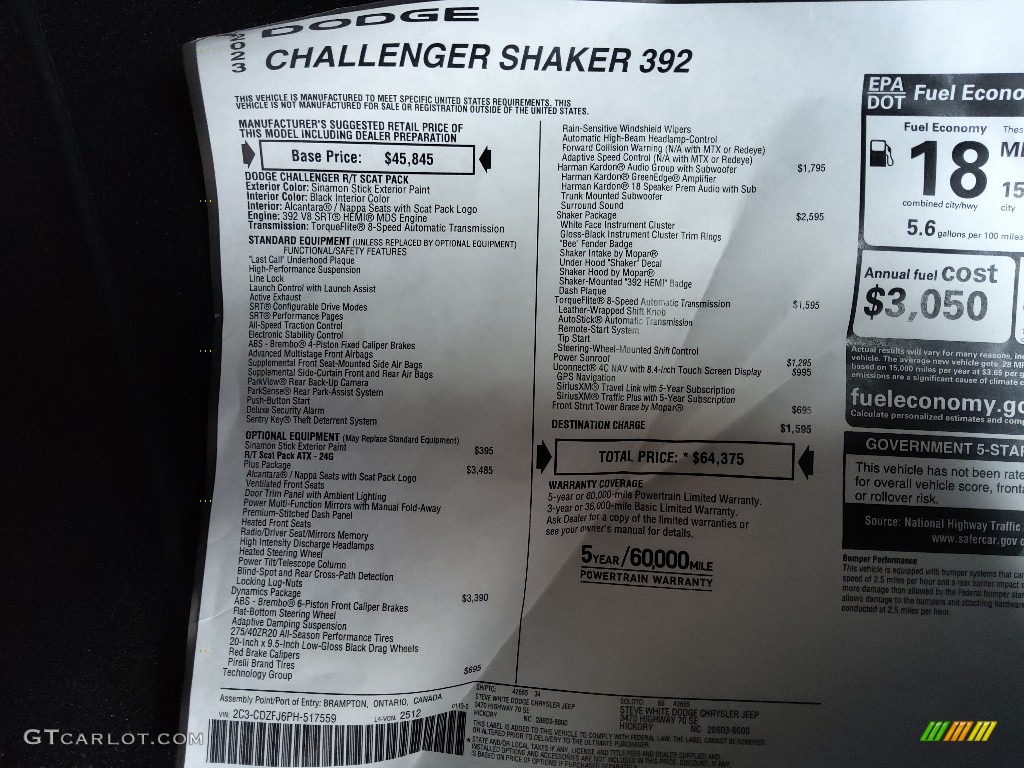 2023 Dodge Challenger R/T Scat Pack Shaker Window Sticker Photo #145719619