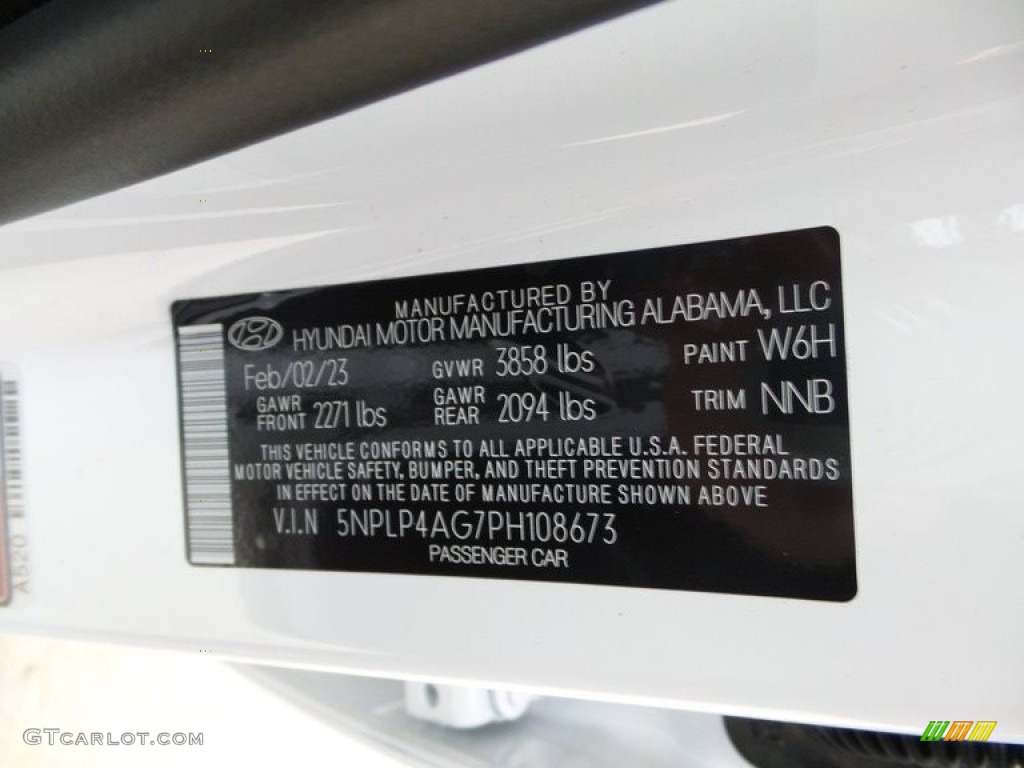 2023 Elantra Color Code W6H for Serenity White Photo #145720131