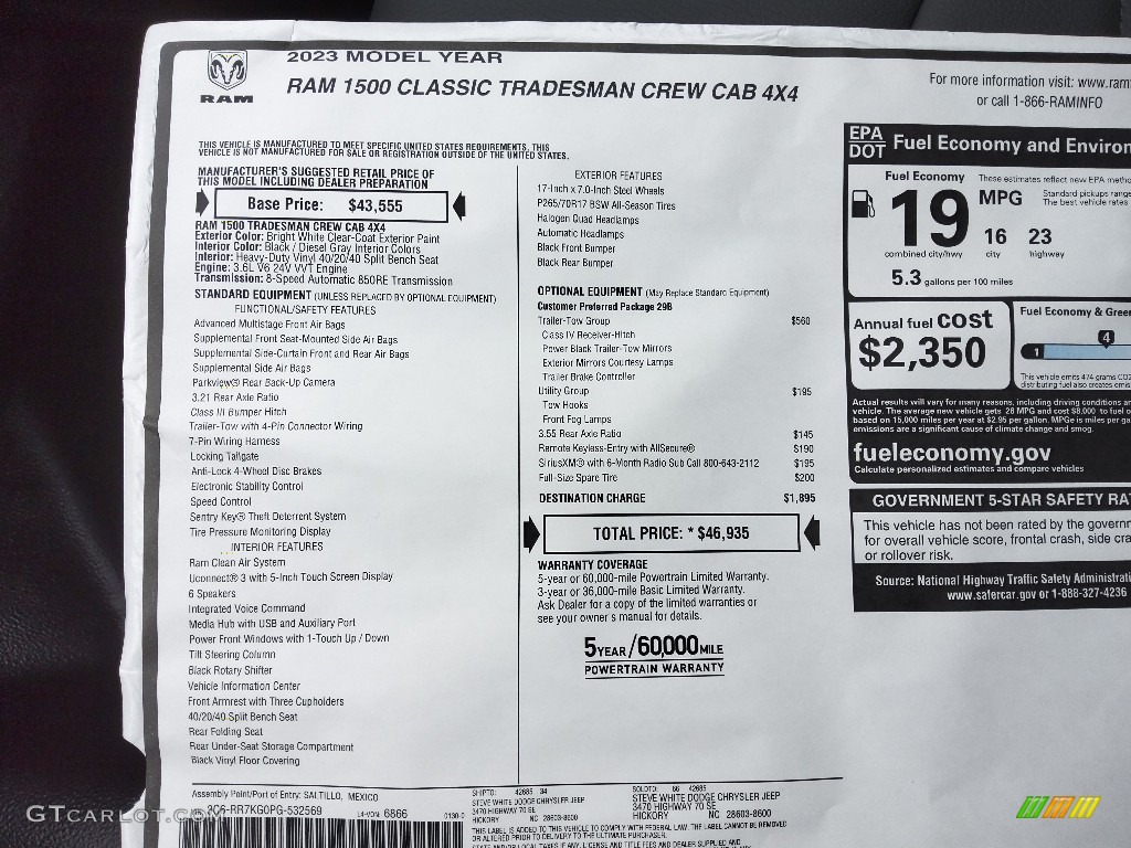 2023 Ram 1500 Classic Tradesman Crew Cab 4x4 Window Sticker Photo #145732969