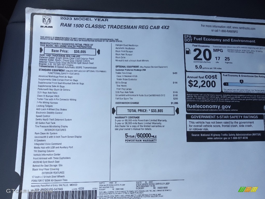 2023 Ram 1500 Classic Tradesman Regular Cab Window Sticker Photo #145733557