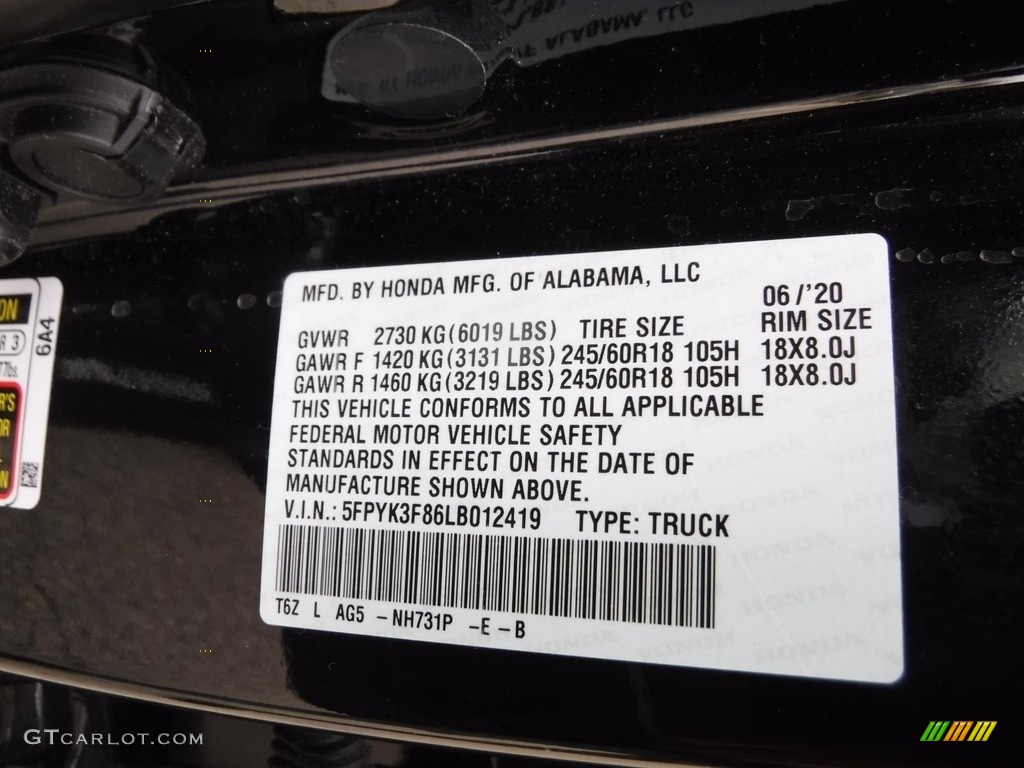 2020 Ridgeline Color Code NH731P for Crystal Black Pearl Photo #145737757