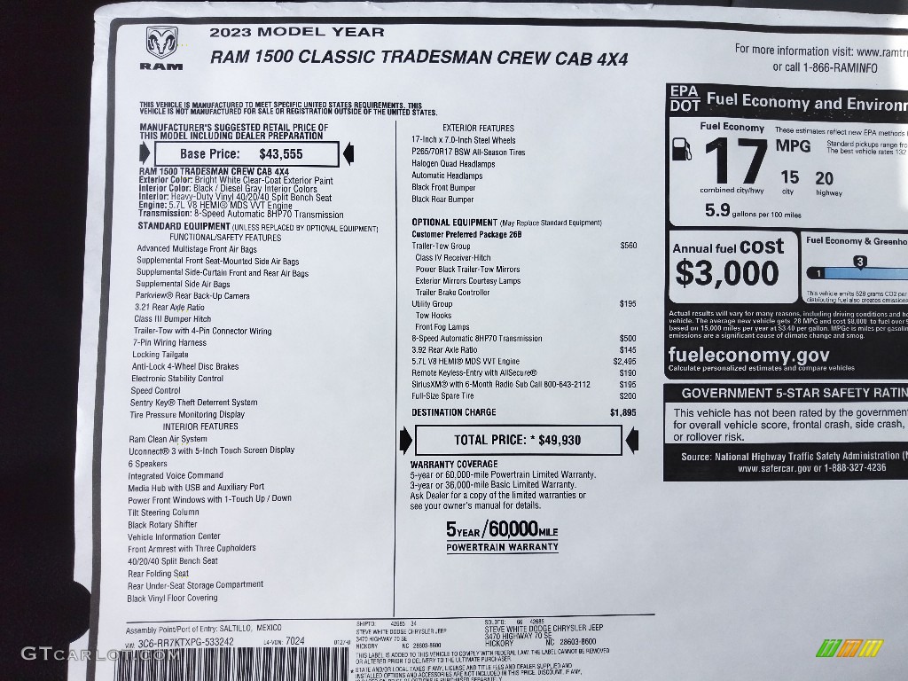 2023 Ram 1500 Classic Tradesman Crew Cab 4x4 Window Sticker Photos