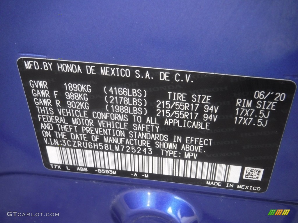 2020 HR-V Color Code B593M for Aegean Blue Metallic Photo #145775596